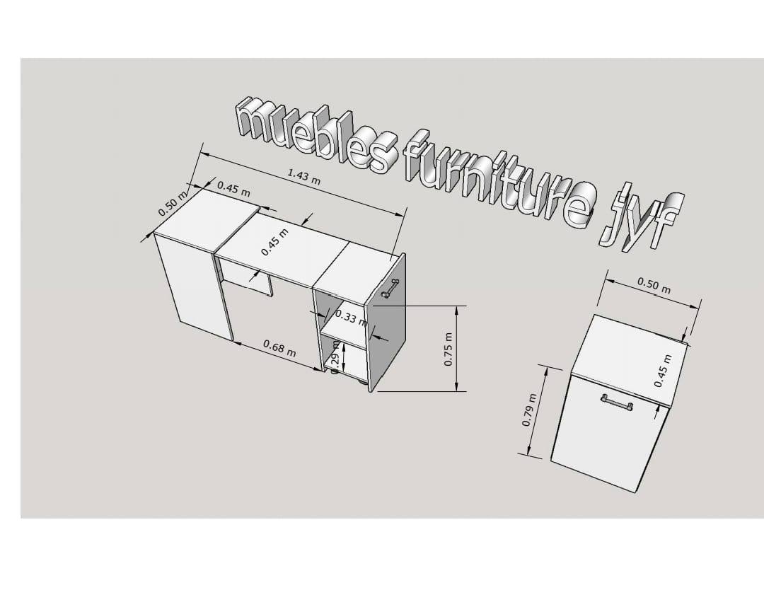 Plano 3D con medidas del escritorio retráctil